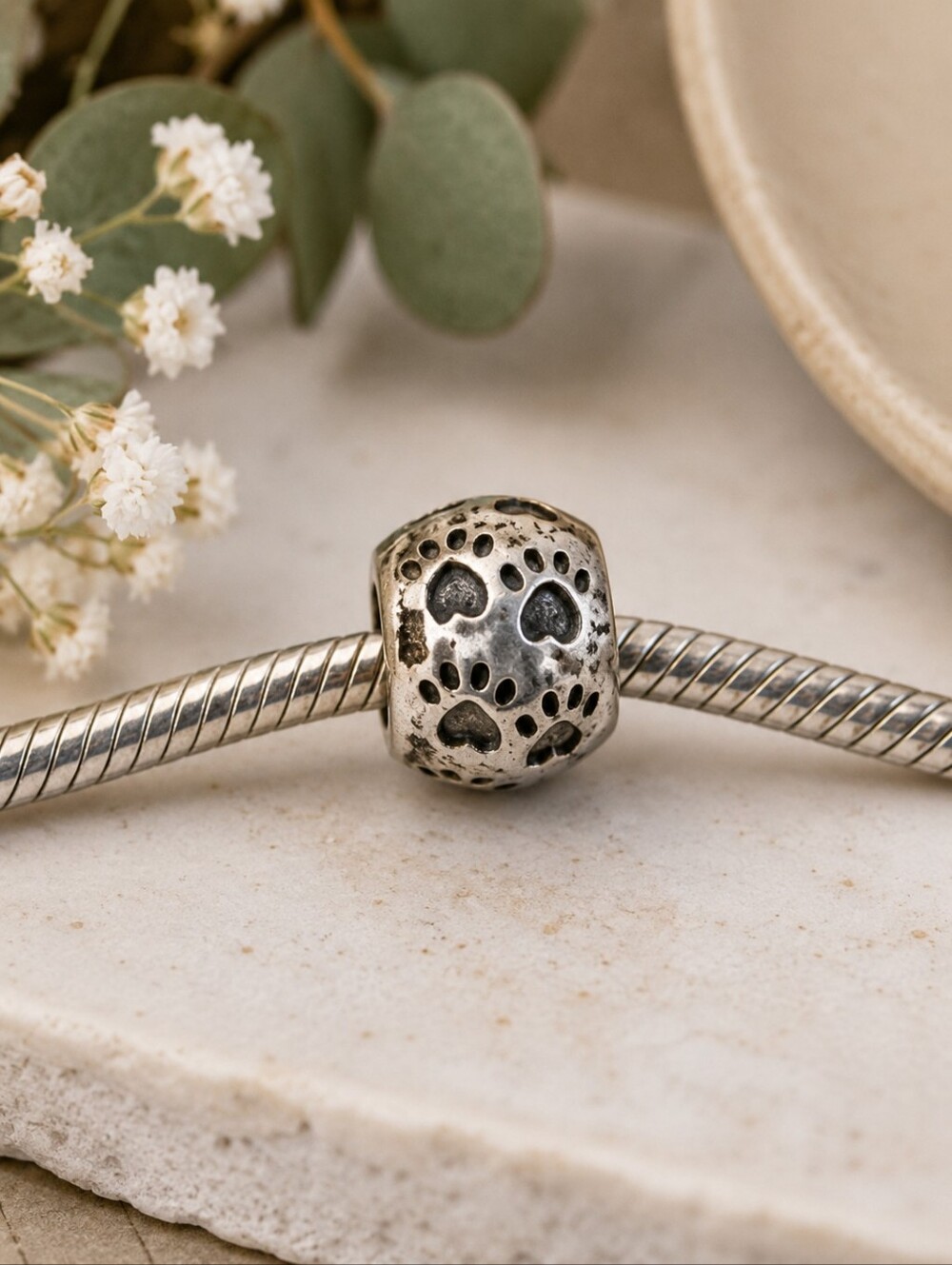 Chamilia Paw Print Heart Charm 925 Sterling Silver Dog Animal Spacer Bead